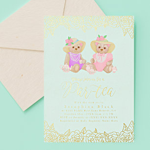 Teddy Bear Tea Party Mint Gold Baby Shower Foil In Invitation