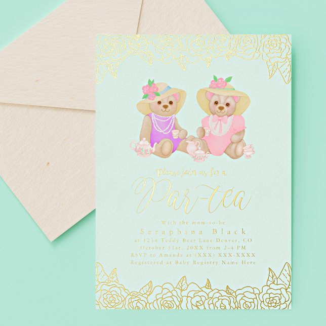 Teddy Bear Tea Party Mint Gold Baby Shower Foil In Invitation (Creator Uploaded)