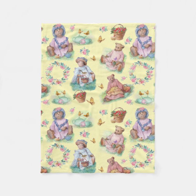 Teddy Bear Tea Time Yellow Fleece Blanket (Front)