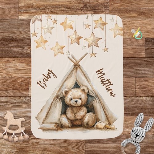 Teddy bear teepee beige brown stars boho nursery baby blanket