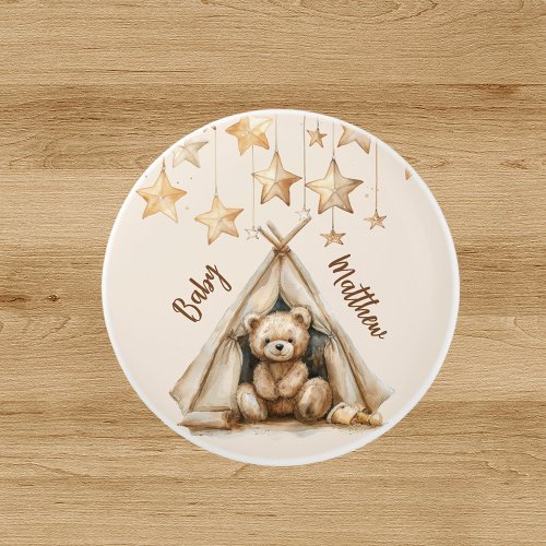 Teddy bear teepee beige brown stars boho nursery ceramic knob