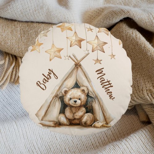 Teddy bear teepee beige brown stars boho nursery round pillow