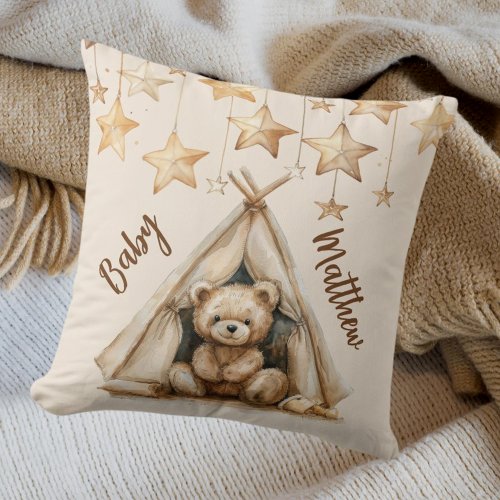 Teddy bear teepee beige brown stars boho nursery throw pillow