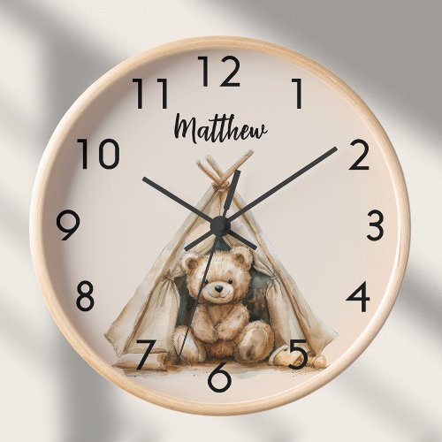 Teddy bear teepee vintage brown beige nursery clock