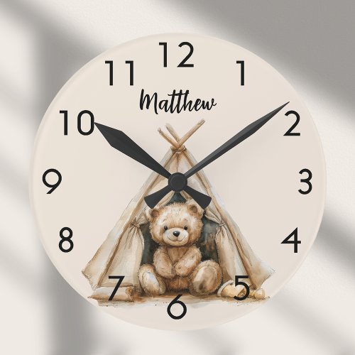 Teddy bear teepee vintage brown beige nursery round clock