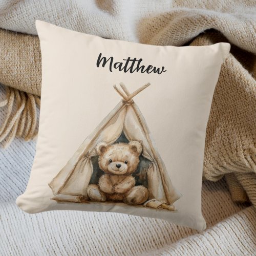 Teddy bear teepee vintage brown beige nursery throw pillow