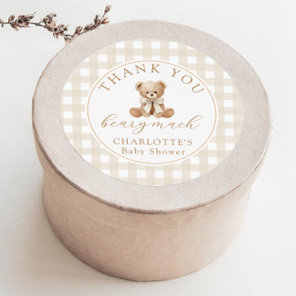 Teddy Bear Thank you beary much Neutral Gingham Classic Round Sticker