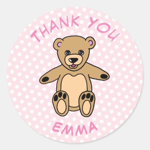 Teddy Bear Thank You Name Dots Pink Classic Round Sticker