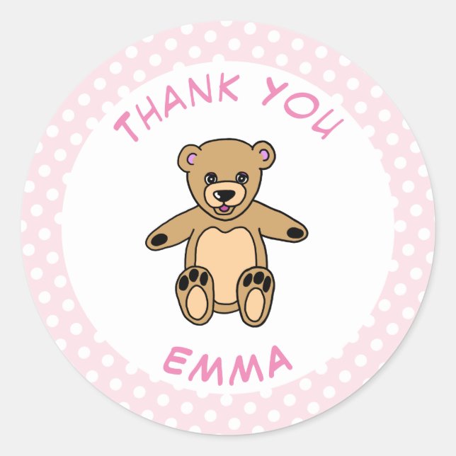 Teddy Bear Thank You Pink Polka Dot Classic Round Sticker (Front)