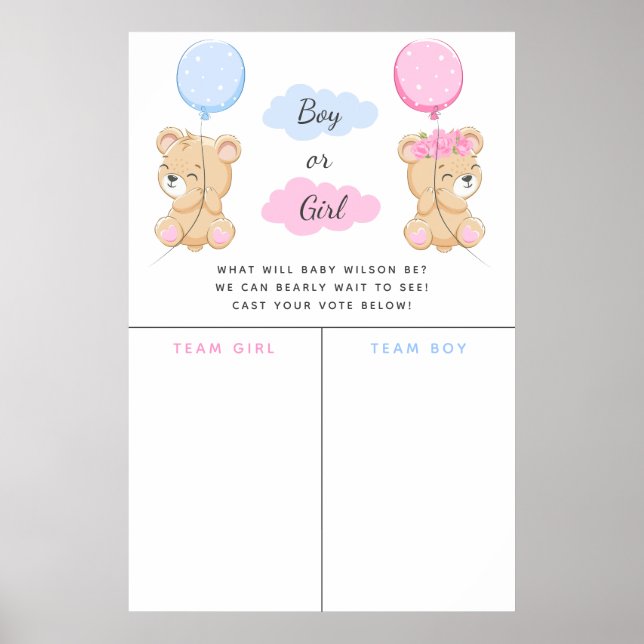 Teddy Bear Theme Gender Reveal Voting Sign (Front)