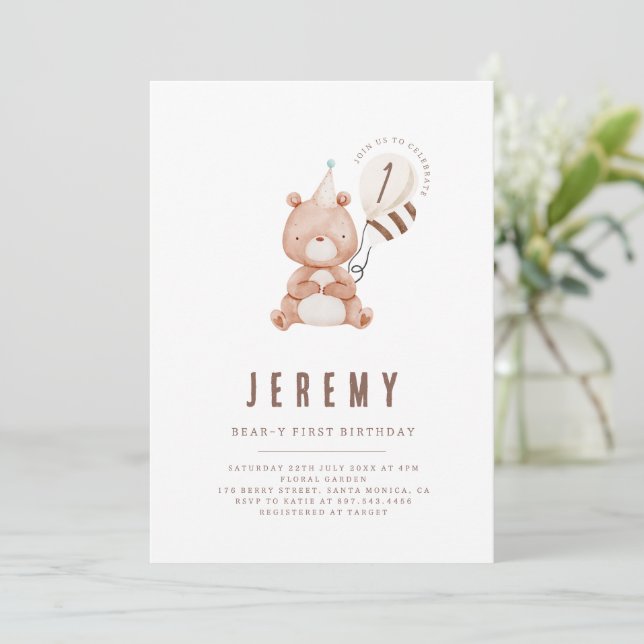 Teddy Bear Theme Neutral 1st Birthday Party  Invitation (Standing Front)