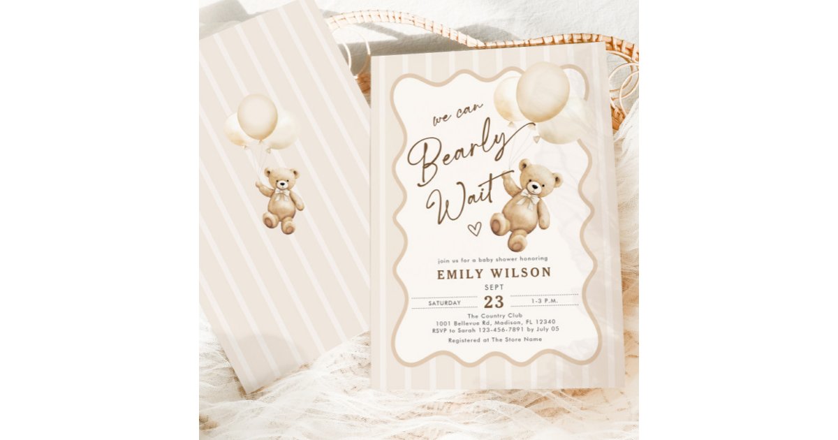 Teddy Bear Theme We Can Bearly Wait Baby Shower Invitation | Zazzle
