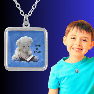 Teddy Bear Time to Read Blue Stuffed Animal Silver Plated Necklace
