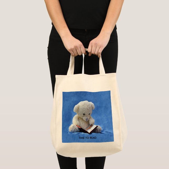 Teddy Bear Time to Read Blue Stuffed Animal Tote Bag (Front (Product))