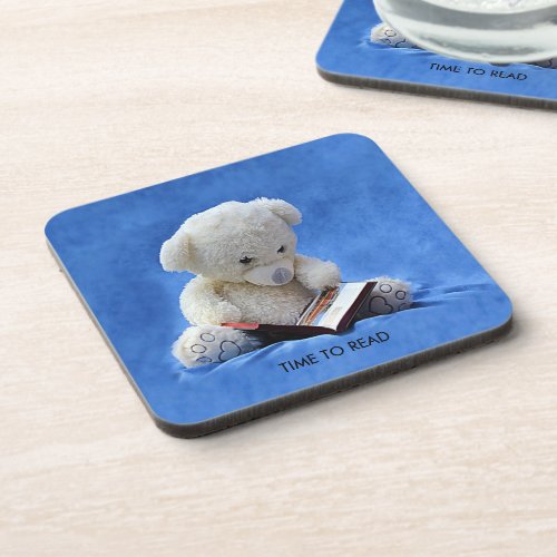 Teddy Bear Time to Read Blue Stuffed Animal ZKOA Beverage Coaster