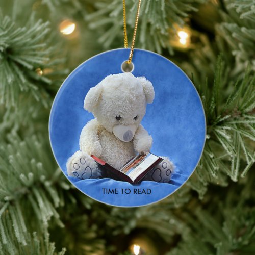 Teddy Bear Time to Read Blue Stuffed Animal ZKOA Ceramic Ornament