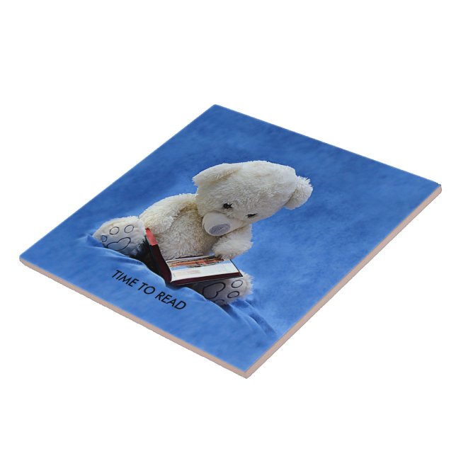 Teddy Bear Time to Read Blue Stuffed Animal, ZKOA Ceramic Tile (Side)
