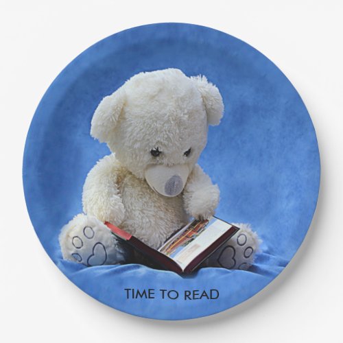 Teddy Bear Time to Read Blue Stuffed Animal ZKOA Paper Plates