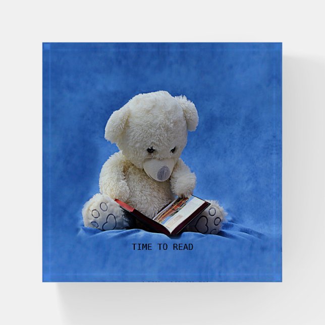 Teddy Bear Time to Read Blue Stuffed Animal, ZKOA Paperweight (Front)