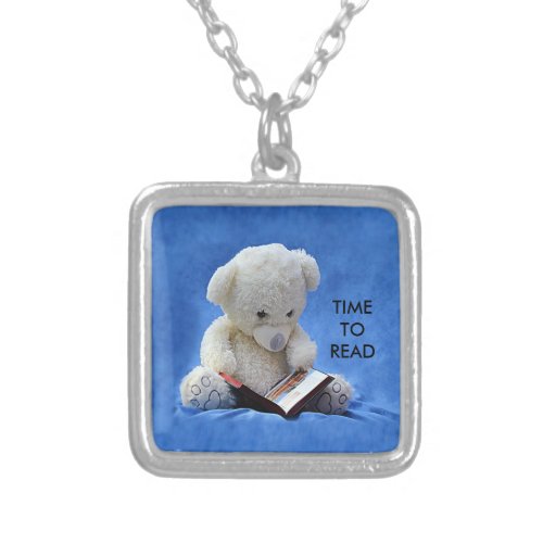 Teddy Bear Time to Read Blue Stuffed Animal ZKOA Silver Plated Necklace
