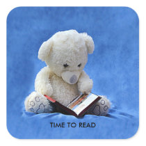 Teddy Bear Time to Read Blue Stuffed Animal, ZKOA Square Sticker