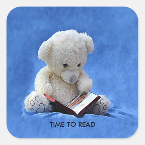 Teddy Bear Time to Read Blue Stuffed Animal ZKOA Square Sticker