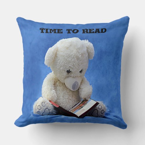 Teddy Bear Time to Read Blue Stuffed Animal ZKOA Throw Pillow