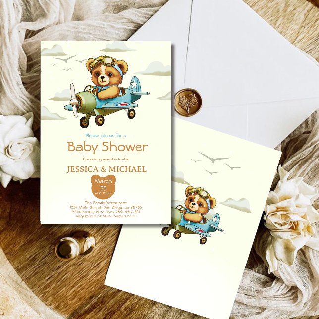 Teddy Bear Tiny Pilot Airplane Baby Shower Invitation (Teddy Bear Tiny Pilot Airplane Baby Shower Invitation)