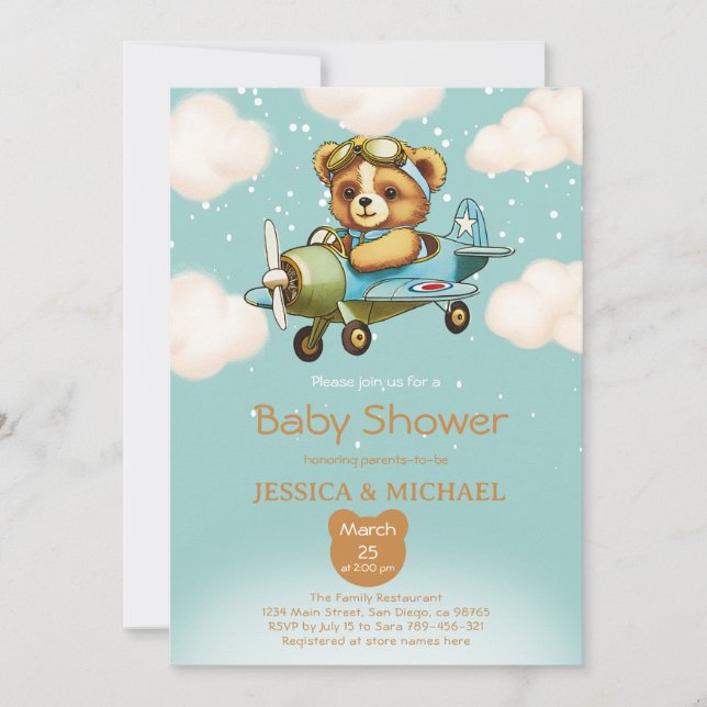 Teddy Bear Tiny Pilot Airplane Baby Shower Invitation (Front)