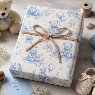 Teddy Bear Toile Blue Vintage Nursery Wrapping Paper Sheets