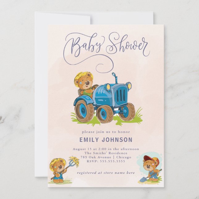 Teddy Bear Tractor Baby Shower Invitation (Front)