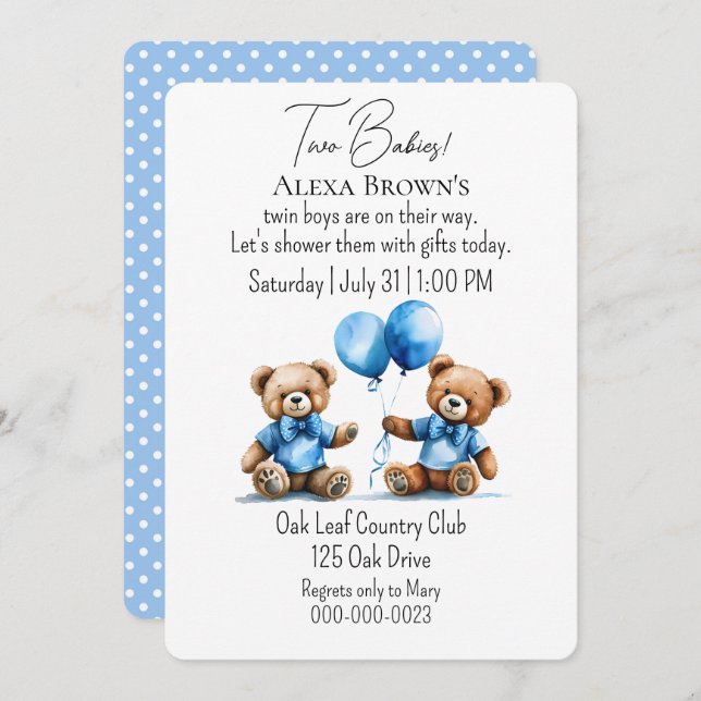 Teddy Bear Twin Baby Boy Shower Invitation (Front/Back)