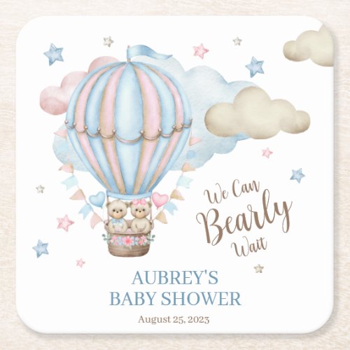 Teddy Bear Twin Bearly Wait Baby Shower Square Paper Coaster