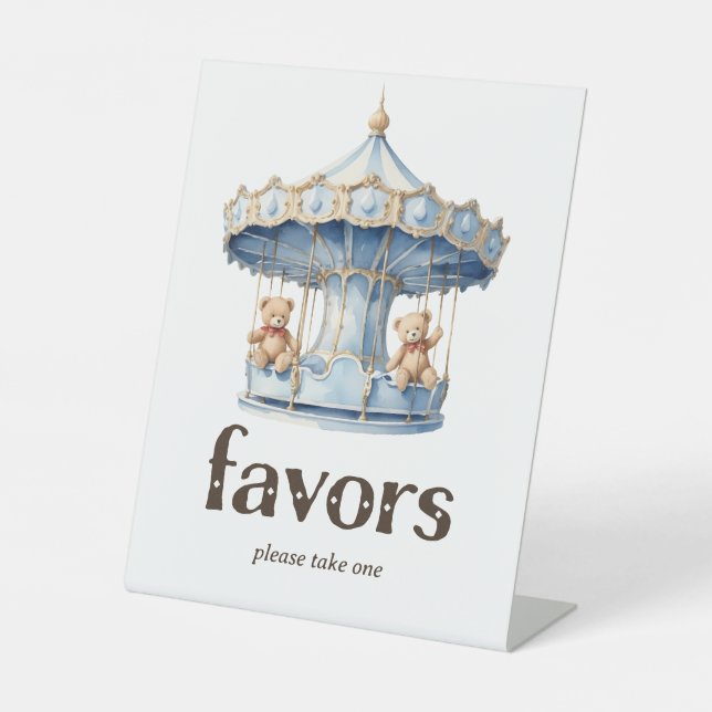 Teddy Bear Twin Boy Baby Shower Favors Pedestal Sign (Front)