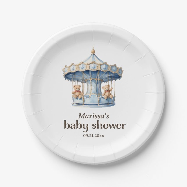 Teddy Bear Twin Boy Baby Shower Paper Plate (Front)