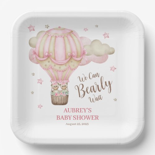 Teddy Bear Twin Girl Bearly Wait Baby Shower Paper Plates
