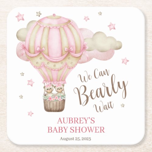 Teddy Bear Twin Girl Bearly Wait Baby Shower Square Paper Coaster