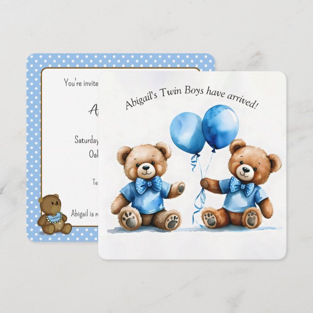 Teddy Bear Twins Baby Boy Shower Invitation (Front/Back)