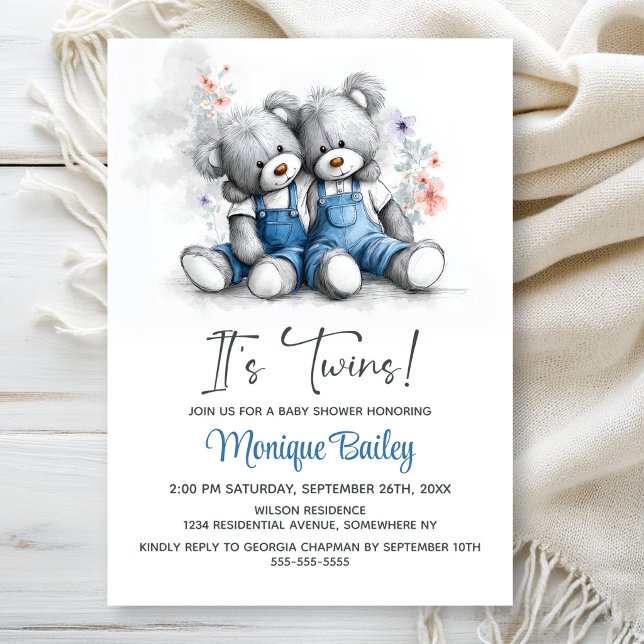 Teddy Bear Twins Baby Shower Invitation (Creator Uploaded)