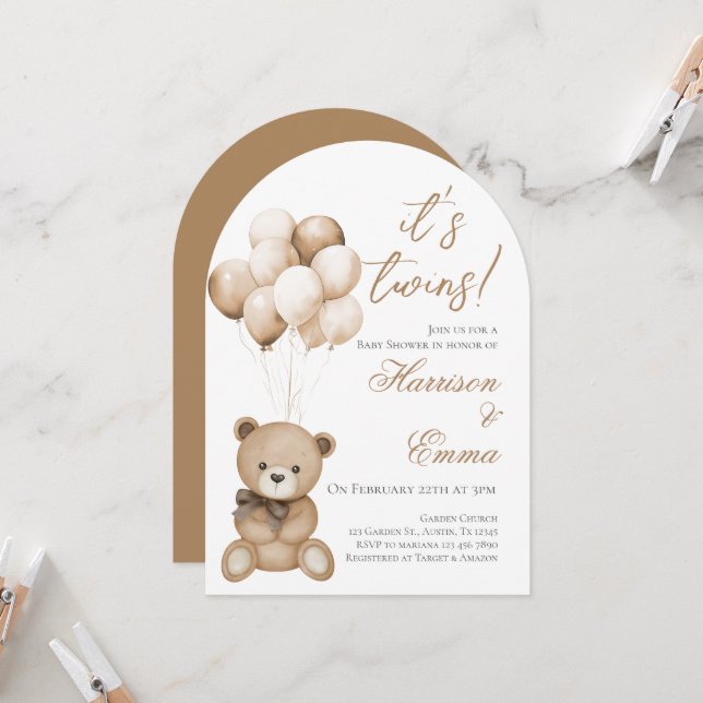 Teddy Bear Twins Baby Shower  Invitation (Front/Back In Situ)