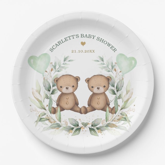 Teddy Bear Twins Greenery Balloons Baby Shower Paper Plates (Front)