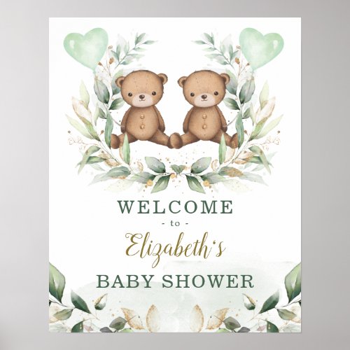 Teddy Bear Twins Greenery Gold Baby Shower Welcome Poster
