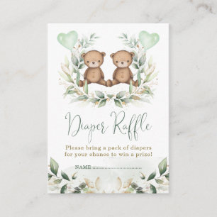 Teddy Bear Twins Greenery Gold Diaper Raffle Baby Enclosure Card