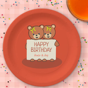 Teddy Bear Twins or Siblings Birthday Party Paper Plates