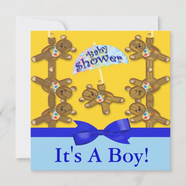 Teddy Bear Umbrella Boy Baby Shower Invitation (Front)