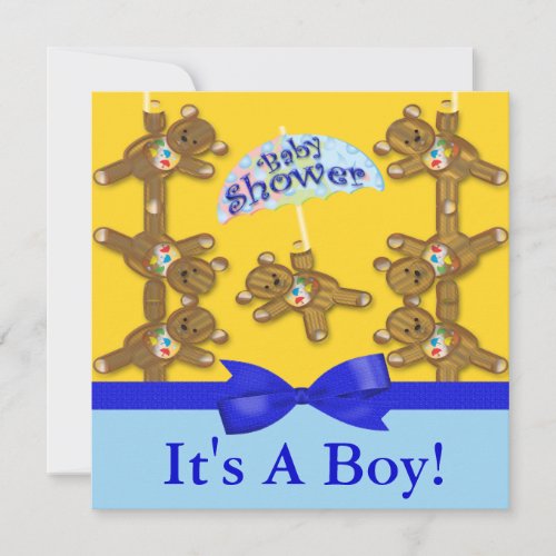 Teddy Bear Umbrella Boy Baby Shower Invitation