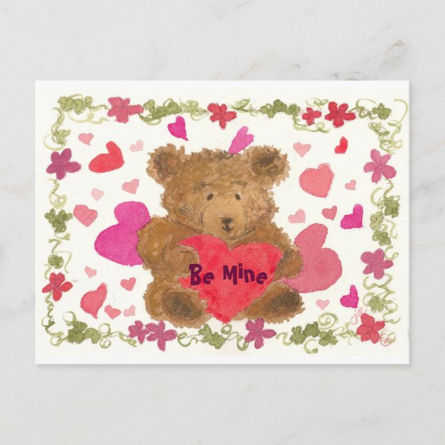 Teddy Bear Valentine Watercolor Be Mine Holiday Postcard (Front)
