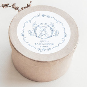 Teddy bear Vintage floral frame Toile baby shower Classic Round Sticker