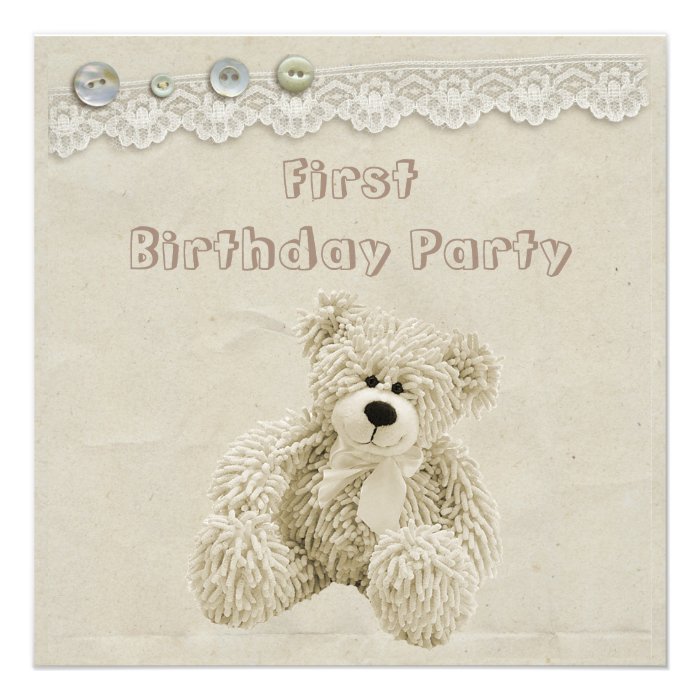 Teddy Bear Vintage Lace 1st Birthday Party Invitations