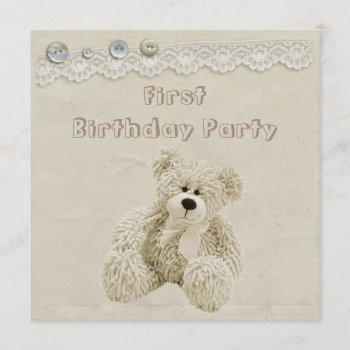 Teddy Bear Vintage Lace 1st Birthday Party Invitation by AJ_Graphics at Zazzle